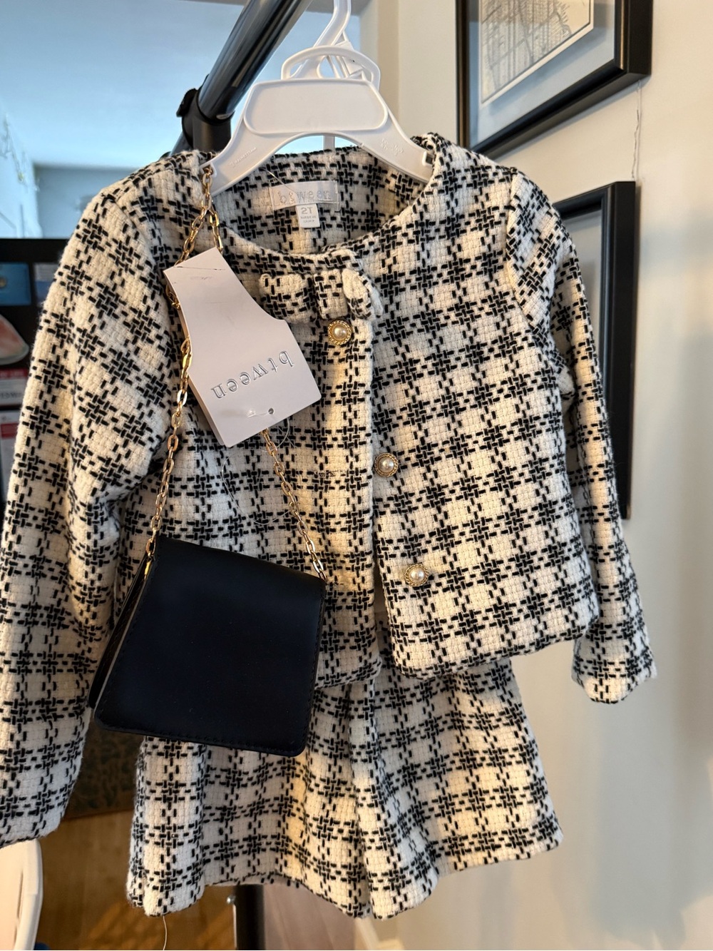 NWT Black and White Tweed Plaid Jacket & Skort Set with Purse